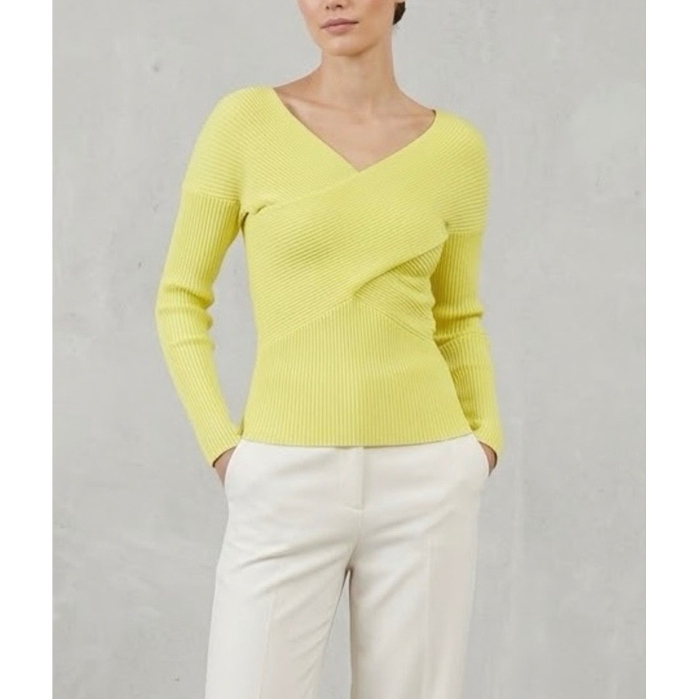 The Fold Ribbed Criss Cross V-Neck Sweater Chartreuse Lime Yellow Large Thick